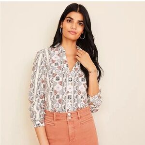 Ann Taylor Button Up Cream Floral Pattern Blouse